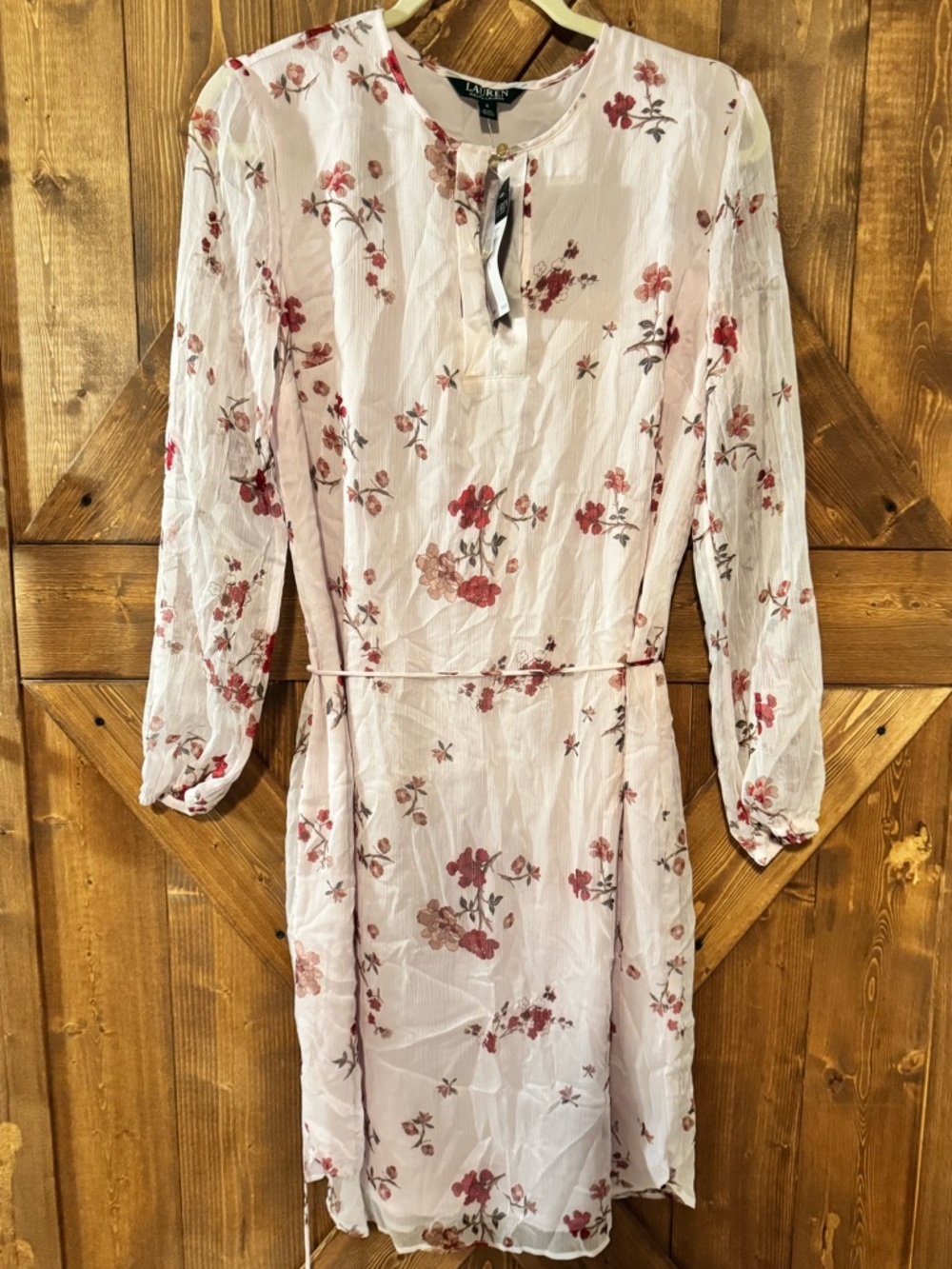 Ralph Lauren Cream Long-Sleeve Floral Tie-Waist Dress